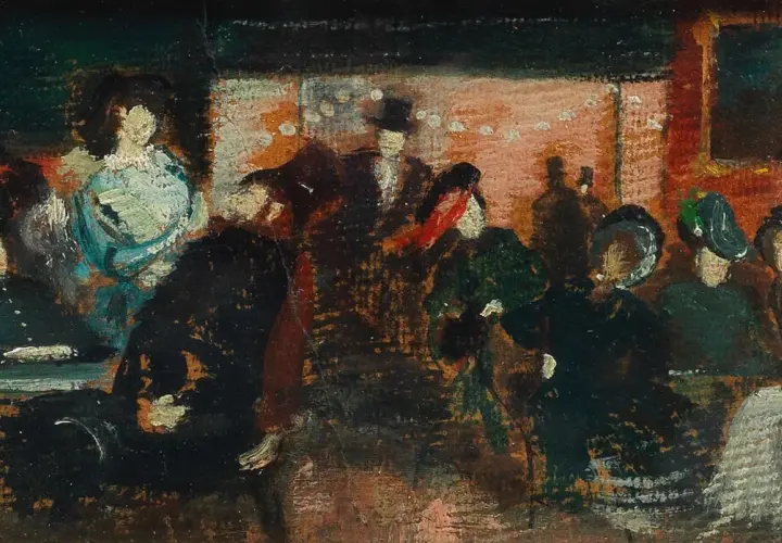Peinture impressionniste de plusieurs personnes dans un salon, avec des touches de bleu et de rouge.