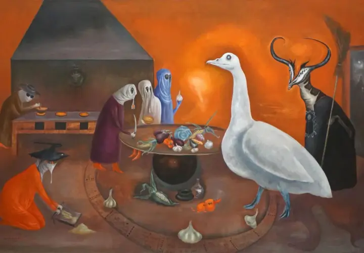 Un grand cygne blanc domine une scène surréaliste où des personnages étranges préparent des légumes. Un peintre surréaliste a créé cette œuvre onirique.