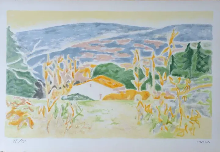 Paysage pastel de Jules Cavaillès avec une maison au toit orange, des collines bleues et des herbes hautes dorées.