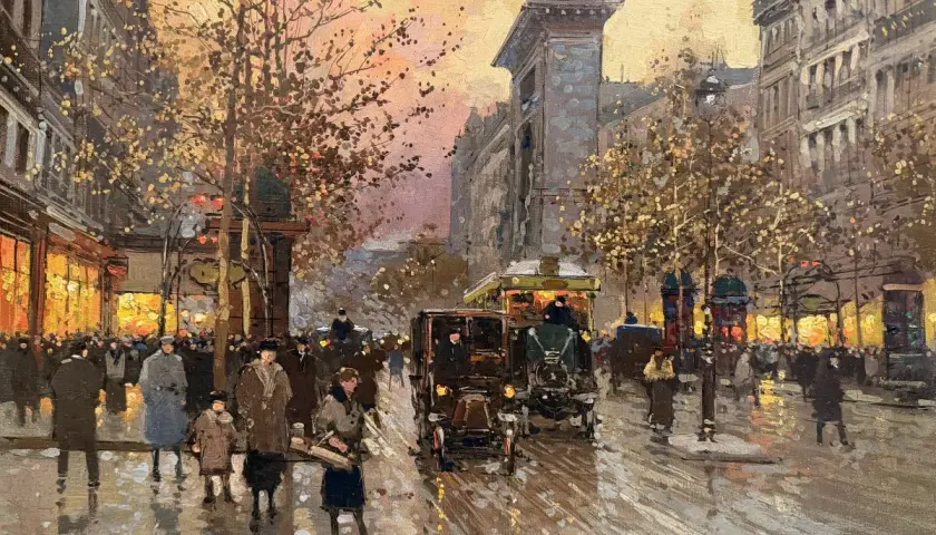 Scène parisienne animée, peinte par Édouard Cortes. Voitures anciennes, tramway et passants sous un ciel crépusculaire.