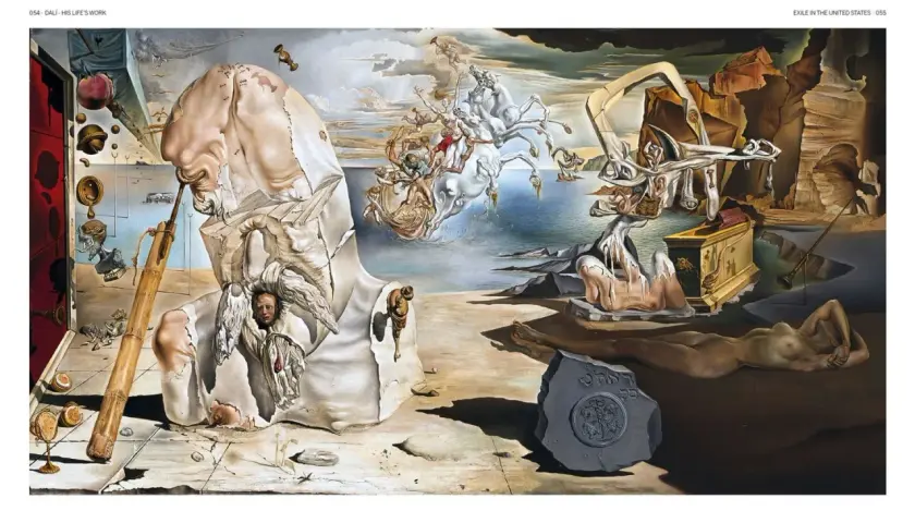Une scène surréaliste de l'oeuvre Dali, avec des figures déformées, des objets flottants et un paysage onirique.