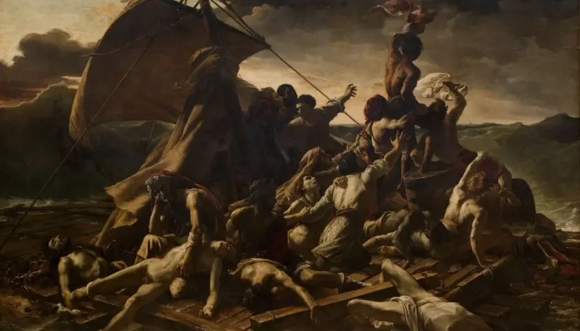 Une peinture romantique dépeignant des survivants désespérés sur un radeau en pleine tempête. La lutte pour la vie et le désespoir sont palpables.