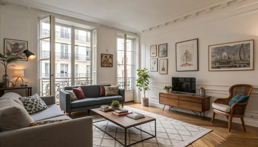 Un salon parisien avec un **mixer moderne et ancien** : canapés confortables, parquet, grandes fenêtres et décoration murale éclectique.