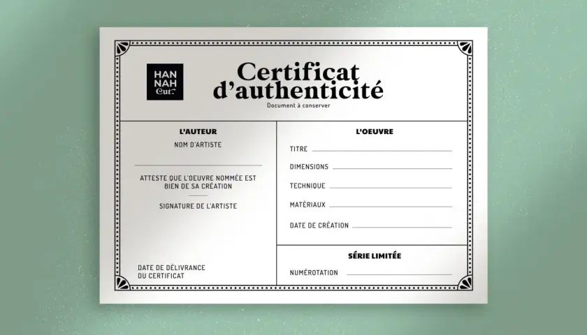 Certificat d'authenticité tableau, attestant de la création originale d'une œuvre d'art. Il détaille l'auteur, l'œuvre, ses caractéristiques et sa numérotation.