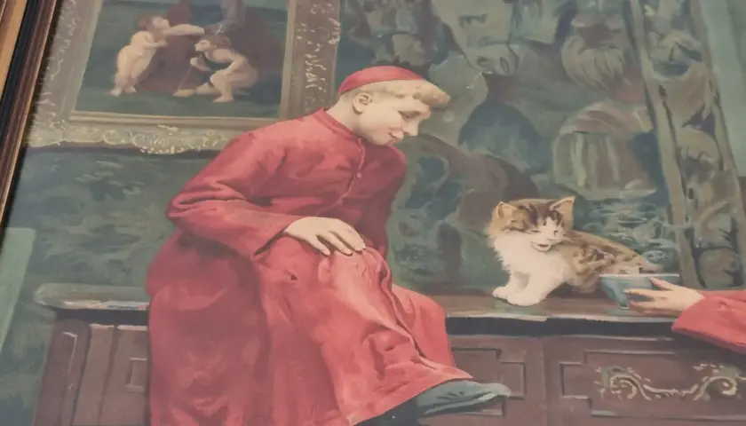Un jeune chanoine moreau, en robe rouge, observe un chaton joueur. Derrière lui, un tableau représente une scène biblique.