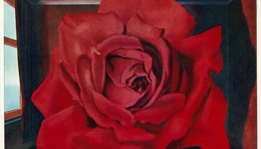 Un tableau de Magritte : une rose rouge immense remplit une pièce, une fenêtre ouverte sur un ciel bleu.