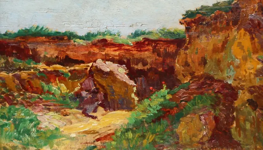Paysage rocheux aux couleurs chaudes, évoquant une œuvre de Léo Gausson. La lumière joue sur les ocres et les verts.