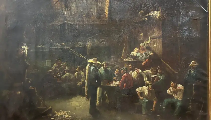 Une scène de taverne animée par Hippolyte Lazerges, où des hommes discutent et boivent dans une ambiance sombre et chaleureuse.
