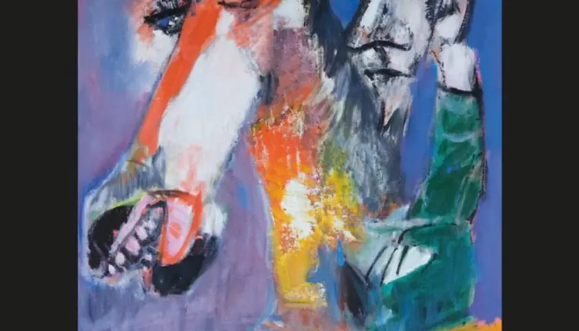 Portrait expressif d'un cheval et d'un homme, dans le style de Bernard Lorjou, aux couleurs vives et aux formes audacieuses.