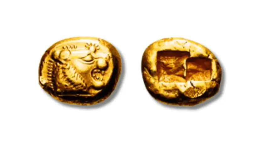 Deux pièces anciennes, l'une avec une tête de lion, l'autre avec des carrés, témoignent de la valeur d'un objet en cuivre.