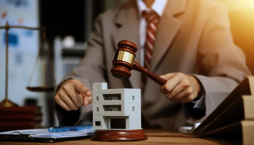 Un juge frappe avec son maillet sur une maquette de bâtiment, symbolisant une vente aux enchères immobilière.