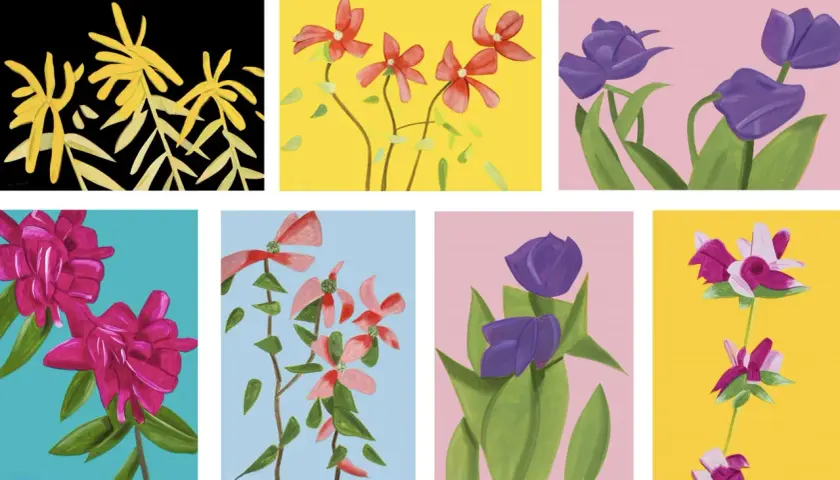 Des fleurs stylisées dans le style de Alex Katz : jaunes sur fond noir, rouges sur fond jaune, violettes sur fond rose, roses sur fond bleu sarcelle, et roses et blanches sur fond jaune.