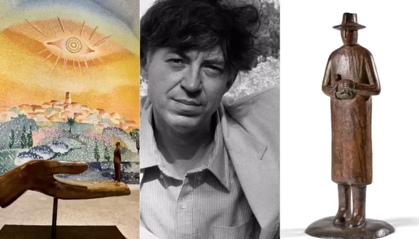 Trois éléments des œuvres d'art de Jean-Michel Folon : un paysage onirique, le portrait de l'artiste, et une sculpture d'un homme au chapeau.