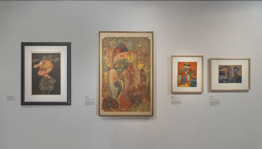 Œuvres de Gaston Chaissac : un portrait expressif, une composition abstraite vibrante et deux scènes colorées.