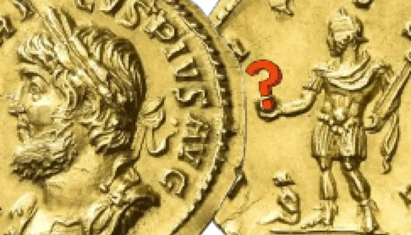 Deux pièces d'or antiques, l'une avec un profil impérial, l'autre avec une figure debout et un point d'interrogation rouge. Un meuble boule ?