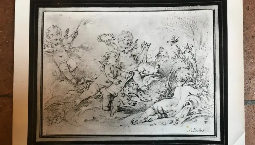 Esquisse de putti jouant, avec la signature du peintre Boucher.