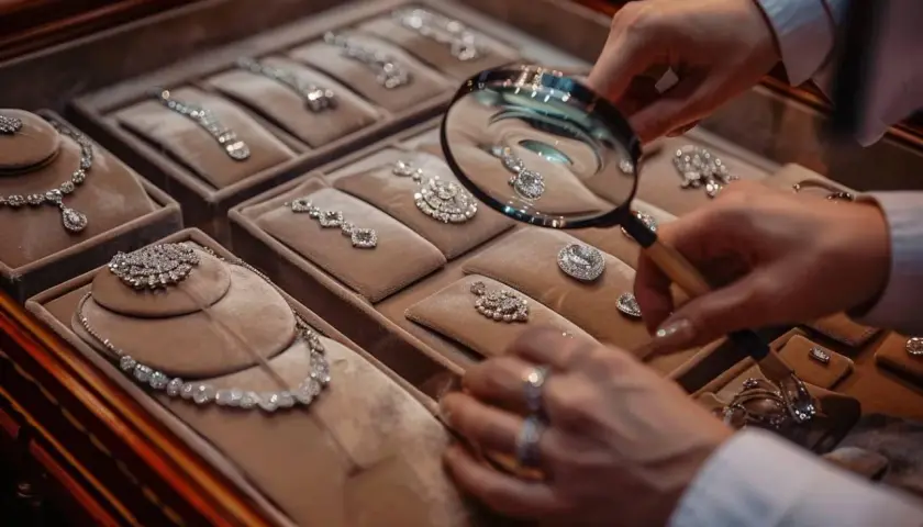 Un expert en pierre précieuse examine des colliers et pendentifs en diamants dans une vitrine.