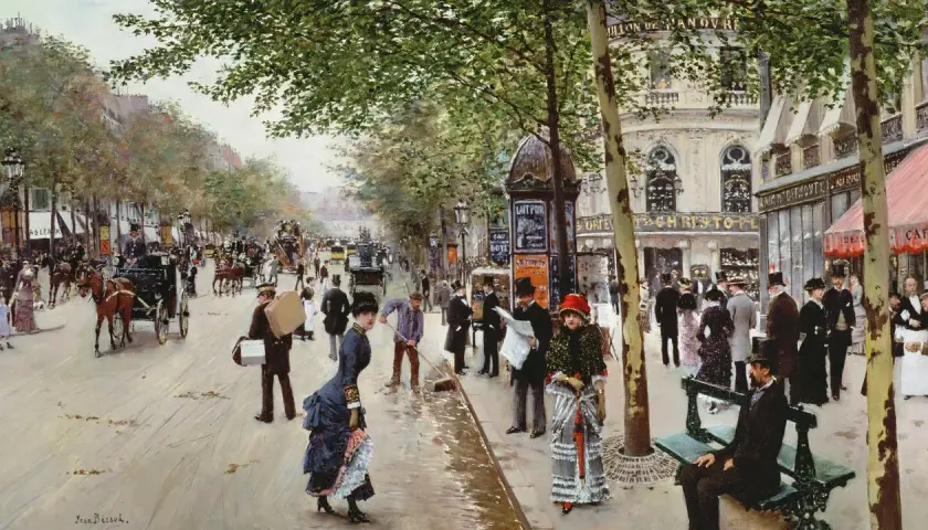 Scène animée de rue parisienne par Jean Béraud, avec des calèches, des passants élégants et des boutiques.