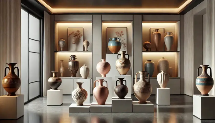 Collection de vases anciens, une **estimation vase** pour chaque pièce. Divers styles et textures, certains ornés de motifs complexes, d'autres plus sobres.