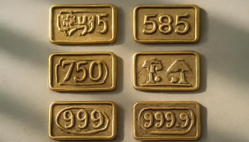Six plaquettes dorées gravées de chiffres et symboles, dont un poinçon or 14 carats.