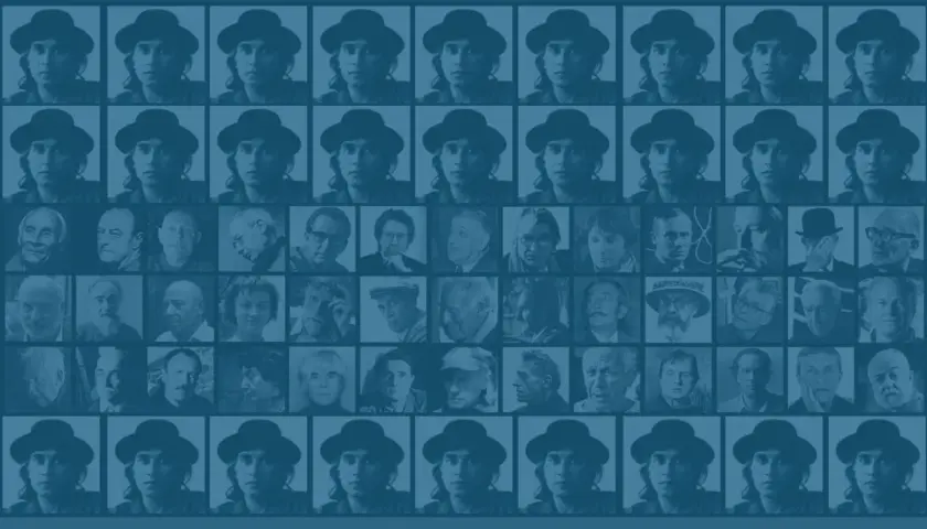 Mosaïque de portraits, dont plusieurs de Pierre Dmitrienko portant un chapeau.