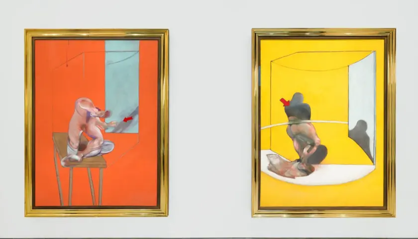 Deux œuvres d'art de Francis Bacon. Figures humaines déformées dans des cages colorées, sur fond orange et jaune vif.