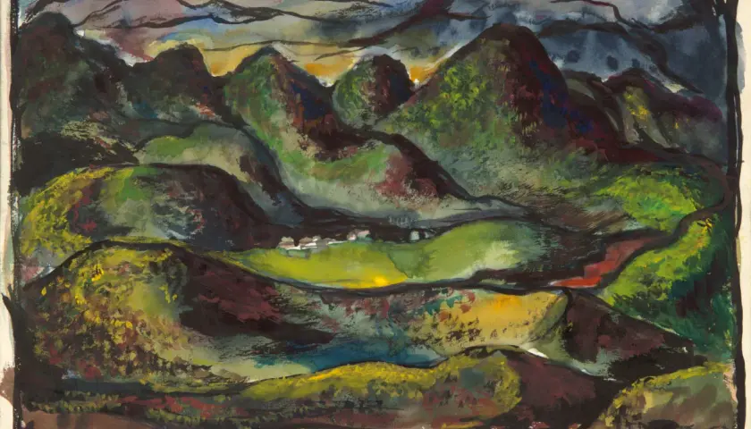 Paysage aux collines verdoyantes et sombres, sous un ciel orageux. Une touche de Richard Diebenkorn dans cette œuvre expressive.