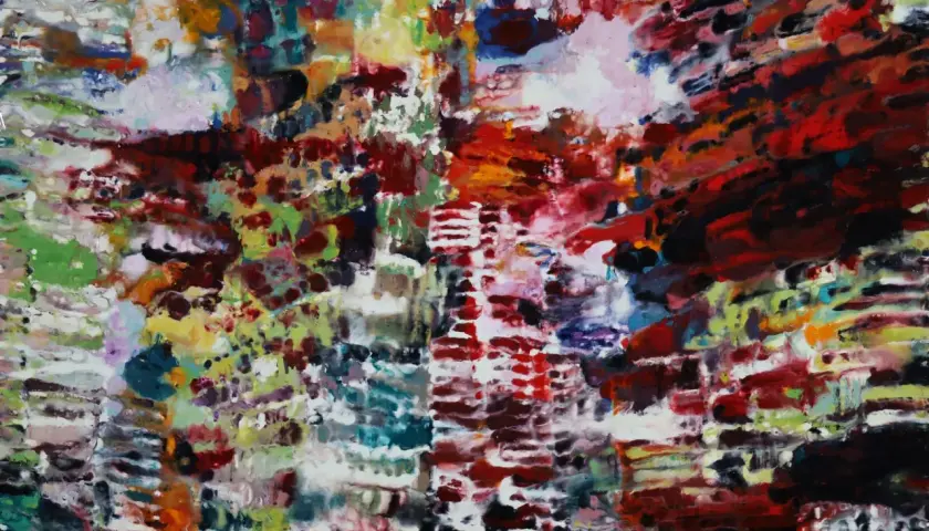 Abstraction vibrante aux touches de rouge, vert et blanc. Une œuvre qui pourrait bien valoir le philippe cognée prix.