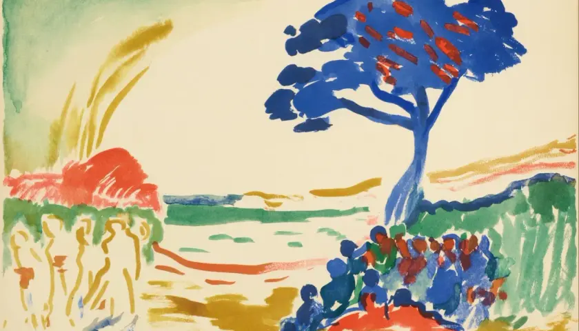 Scène estivale en **raoul dufy aquarelle**. Un arbre bleu domine, des silhouettes se rassemblent sous son feuillage rougeoyant.