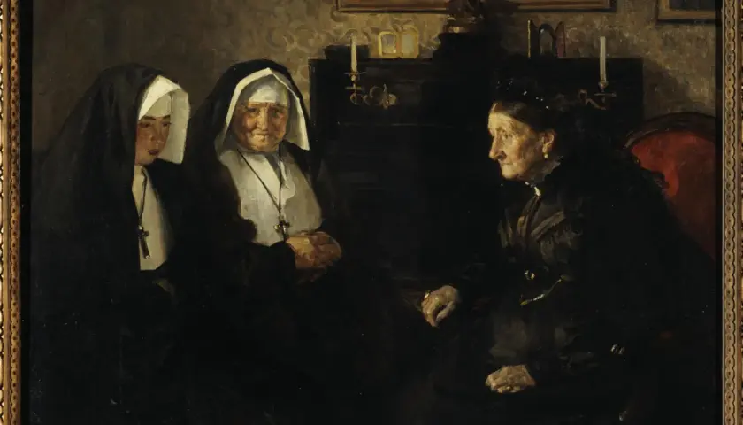 Lucien Simon dépeint trois femmes dans une pièce sombre. Deux religieuses, l'une jeune, l'autre plus âgée, sont assises à gauche. Une femme laïque, vêtue de noir, leur fait face.