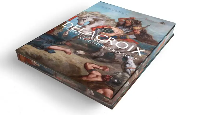 Livre "Delacroix à l'Assemblée Nationale : Les Peintures Révélées", présentant des œuvres d'art de Eugène Delacroix, avec une scène de bataille animée sur la couverture.