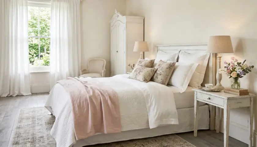 Chambre douillette au style shabby chic, avec un lit blanc, des coussins fleuris, une armoire ancienne et des rideaux légers.
