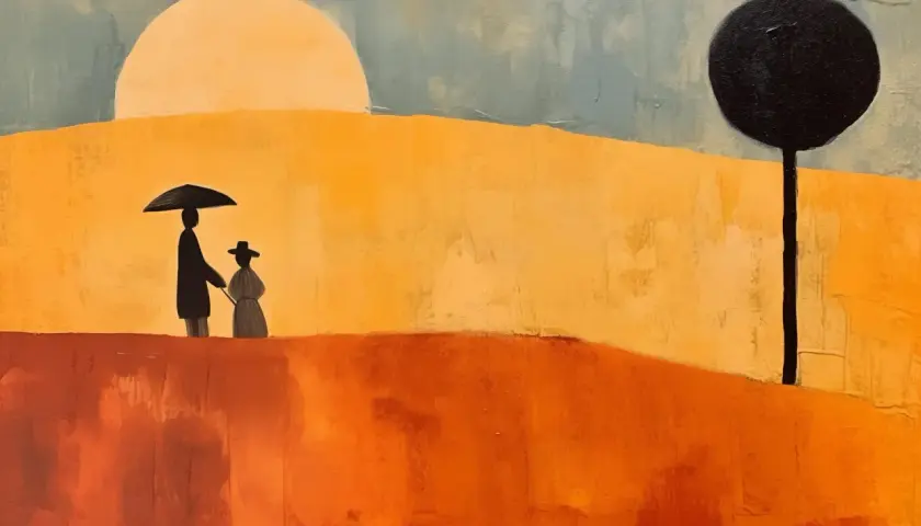 Deux silhouettes sous un parapluie, dans un paysage abstrait aux couleurs chaudes, évoquant l'univers de Milton Avery.