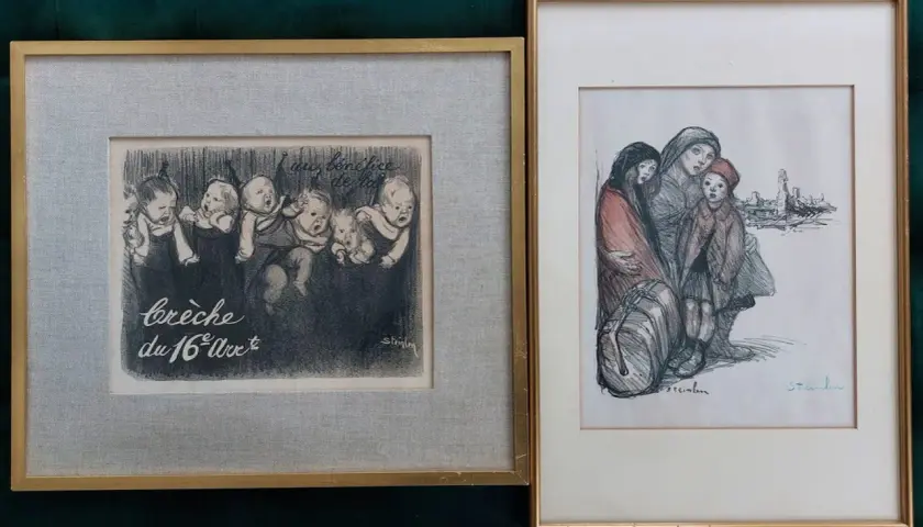 Deux œuvres de Steinlen : une crèche animée de bébés et une famille en détresse devant un paysage urbain.