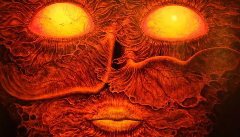 Œuvres d'art de Zdzisław Beksiński : un visage tourmenté aux yeux ardents, sculpté dans des textures organiques rougeoyantes.