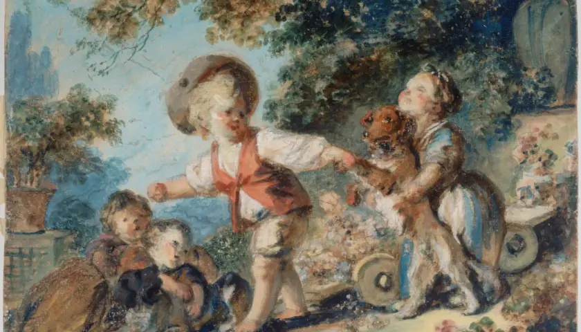 Enfants jouant avec un chien, un tableau de Fragonard. Le prix de ce tableau est estimé.