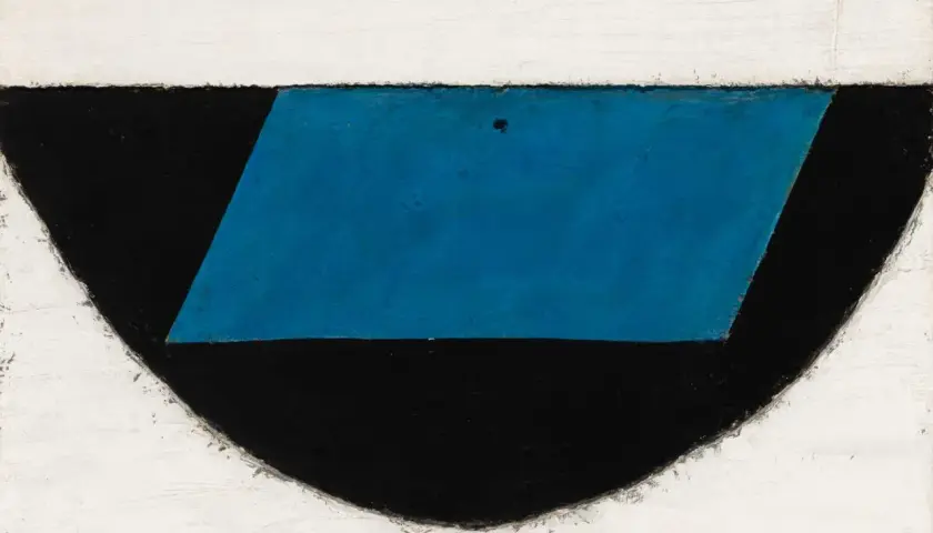 Abstraction géométrique d'Armando Morales : un rectangle bleu sur fond noir, bordé de blanc.