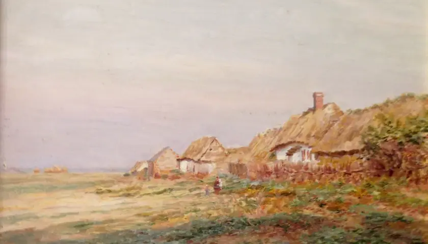 Paysage rural de Firmin Girard avec des chaumières au toit de chaume et des personnages.