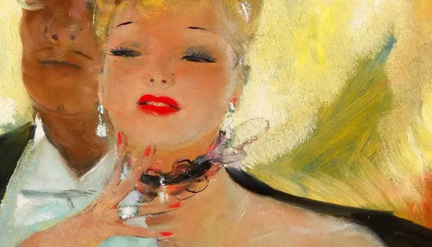 Un portrait sensuel par le peintre Domergue, une femme aux lèvres rouges et aux boucles d'oreilles scintillantes, caressée par une main masculine.