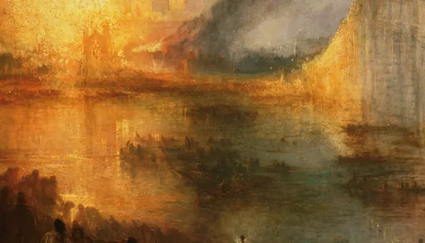 Œuvres d'art de Joseph Mallord William Turner : un paysage fluvial embrasé par un soleil couchant, avec des silhouettes sur la rive et des barques sur l'eau.