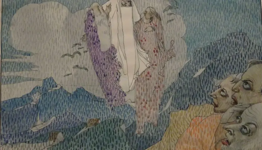 Gustave Adolphe Mossa dépeint une transfiguration céleste avec des figures éthérées flottant au-dessus de montagnes, tandis que des visages humains regardent d'en bas.