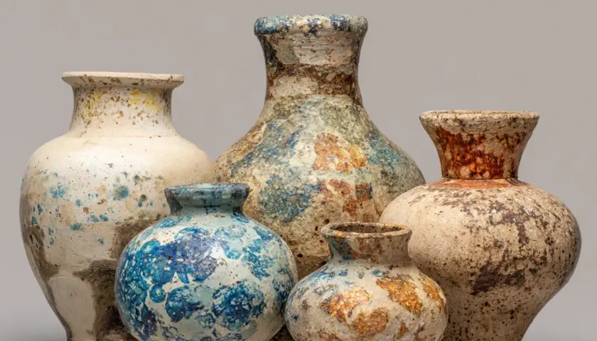 Cinq vases en céramique aux textures riches et aux couleurs terreuses, des pièces recherchées de Vallauris.