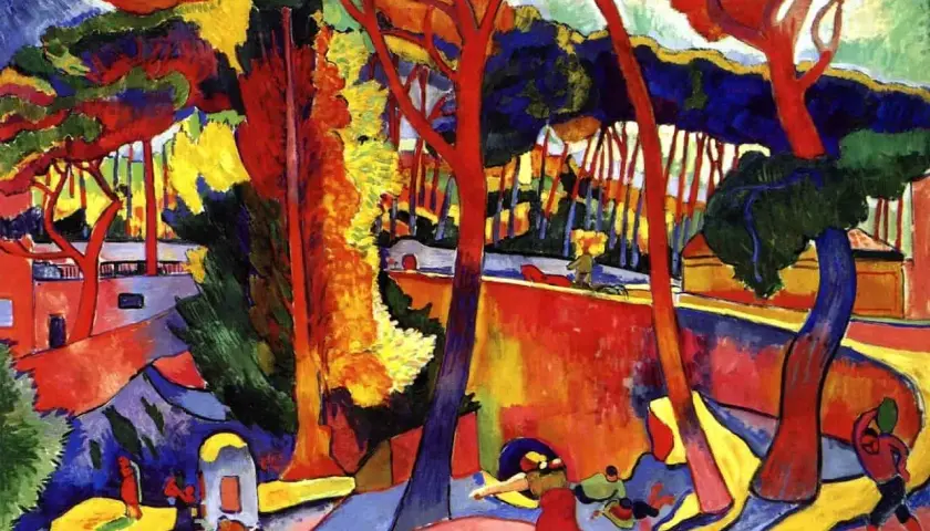 Paysage aux couleurs vives, un exemple de fauvisme déf. L'art exprime la nature avec des teintes audacieuses et non réalistes.