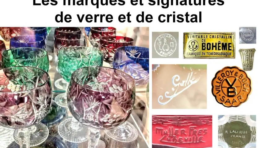 Verre et cristal colorés, avec des logos de marques comme Baccarat, Bohème, Villeroy & Boch, et une signature Daum.