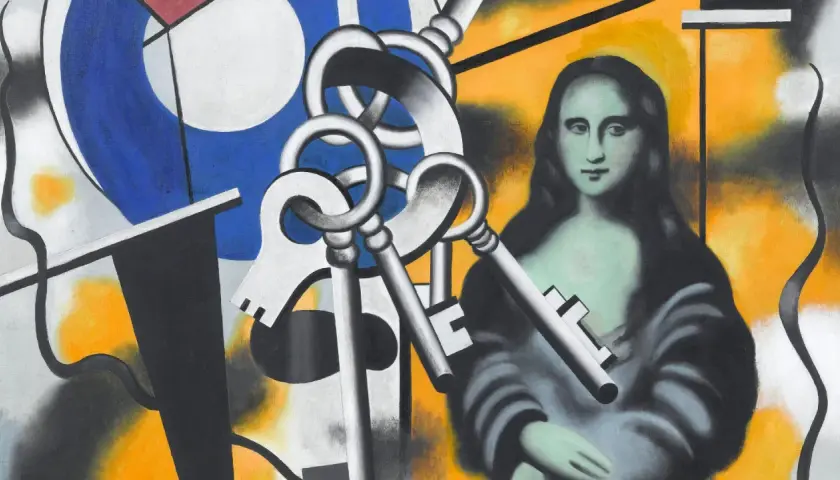 Œuvres d'art de Fernand Léger : une Mona Lisa stylisée, des clés argentées et des formes géométriques bleues et noires sur fond jaune.