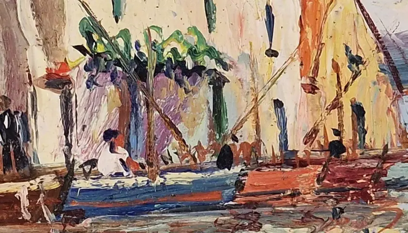 Peinture de Vincent Manago : un port animé avec des bateaux colorés et des silhouettes humaines.