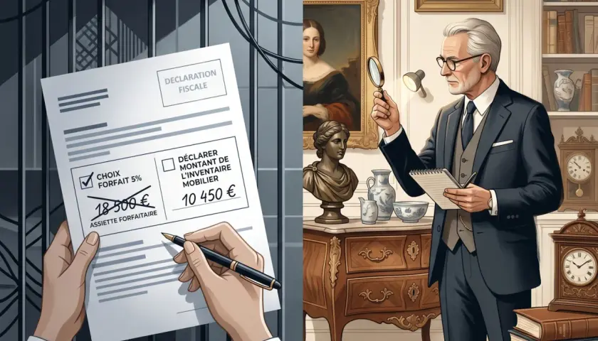 Un homme examine un formulaire fiscal, choisissant entre un forfait mobilier de 18 500 € et une déclaration d'inventaire de 10 450 €.