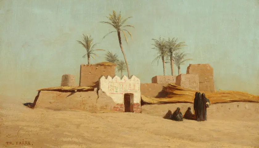 Un village ocre sous le ciel bleu, avec des palmiers et des silhouettes voilées. Une œuvre de Théodore Frère.