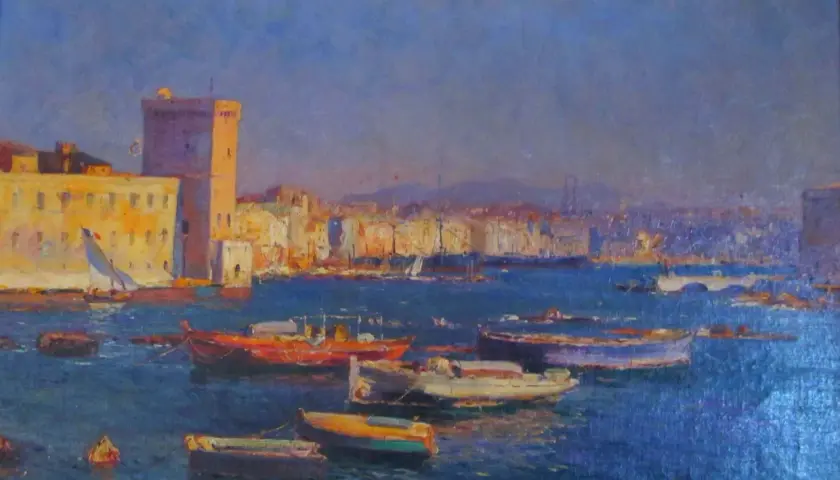 Peinture d'un port avec des bateaux et un fort au soleil.
