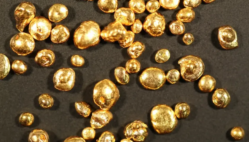 Grains d'or brillant, certains ressemblant à des pépites, d'autres à des billes. Chaque pièce, un petit trésor de 24 carats, scintille sur fond sombre.